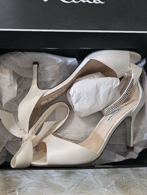 Nina Shoes Ivory Satin Open-Toe Heels with Ankle Ribbon and Rhinestones